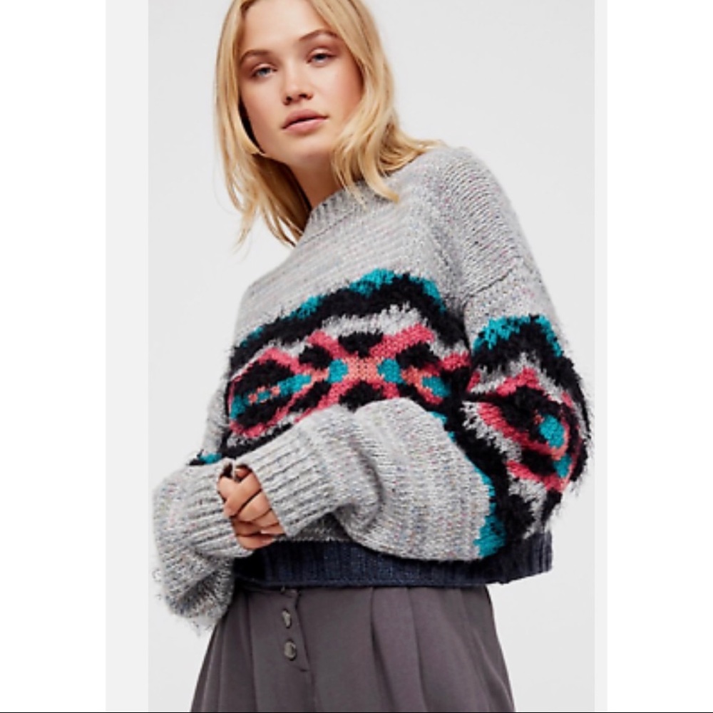 Free People Gray Multicolor Patterned Sweater